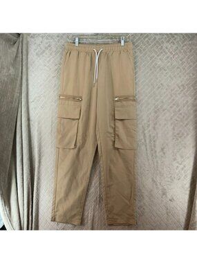 Shein Cargo Pants Women M Beige Elastic Waist Drawstring Polyester Slim Straight